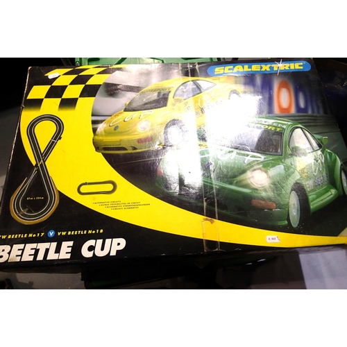 2159 - Scalextric Beetle Cup set, two new shape Beetles cars, appears complete in good condition and extra ... 