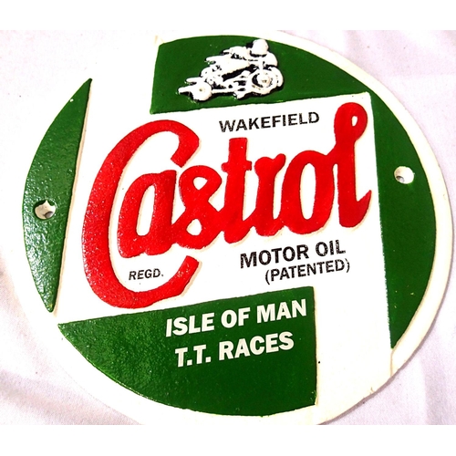 2190 - Cast iron Castrol TT Races sign, D: 23 cm. P&P Group 1 (£14+VAT for the first lot and £1+VAT for sub... 