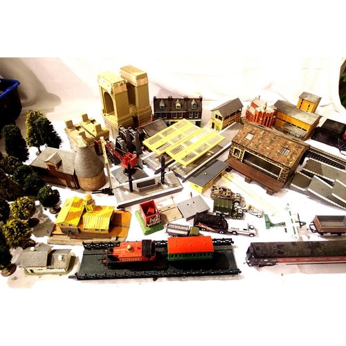 2066 - Hornby 0.4.0. tank,  two coaches, two wagons and track, buildings, trees, vehicles etc, all play wor... 