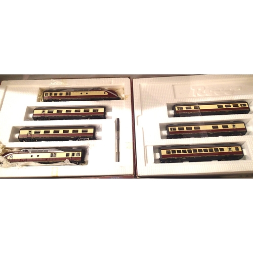 2111 - Roco H.O. scale, 43011, four car T.E.E., BR VT 601, Maroon Red set and 43013, three extra coaches to... 