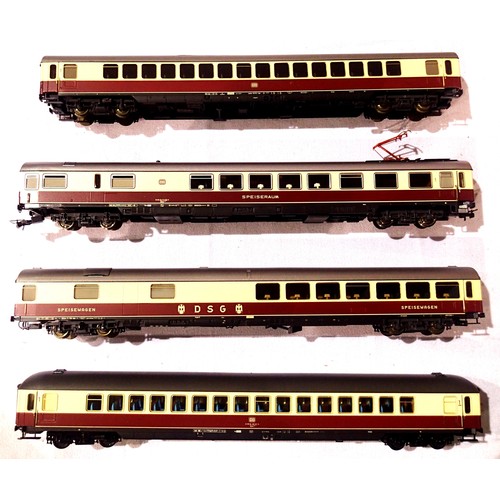 2107 - Four Maroon/Cream D.B. coaches H.O. scale (three Lima and one Roco) in very good condition, some  co... 