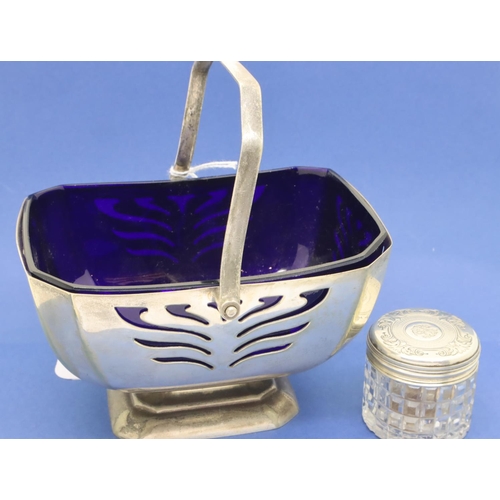 117 - A silver plated basket with blue glass liner and a cut glass silver top pot. P&P Group 1 (£14+VAT fo... 