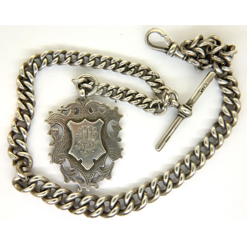 75 - Graduated silver Albert chain with T-bar and medal fob, 56g. P&P Group 1 (£14+VAT for the first lot ... 