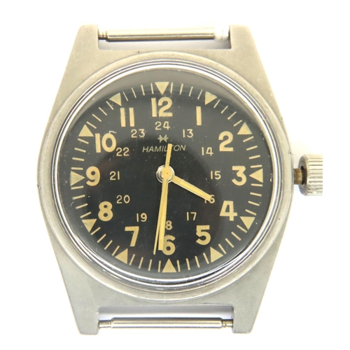 93 - Hamilton; 1969 issued US Military wristwatch head with black dial and luminescent chapters. Requires... 