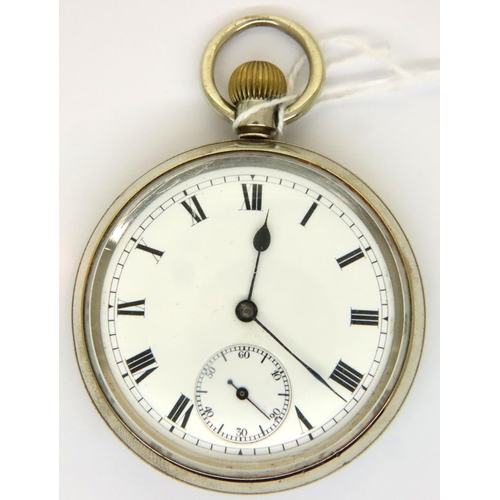 96 - Omega; a silver plated crown wind pocket watch with screw back, the enamel dial with Roman chapters ... 