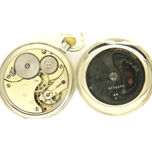 96 - Omega; a silver plated crown wind pocket watch with screw back, the enamel dial with Roman chapters ... 