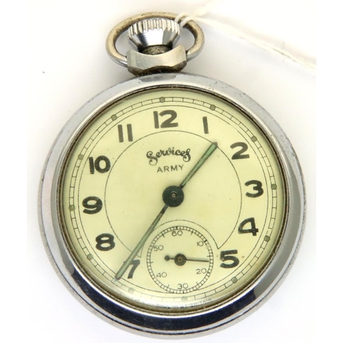 97 - Services Army chromium cased pocket watch having subsidiary seconds dial, ticks then stops. P&P Grou... 