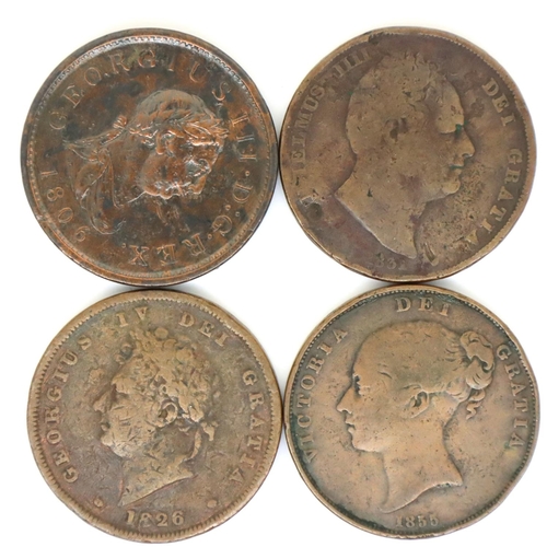 3002 - Four early milled copper pennies of Victoria, William, George III, George IV. P&P Group 1 (£14+VAT f... 