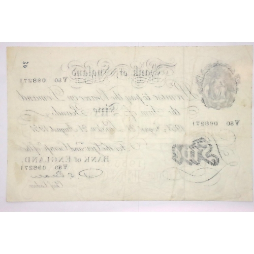 3116 - Bank of England White Beale five pound note, 1951 issue, numbered V50 098271, London. P&P Group 1 (£... 