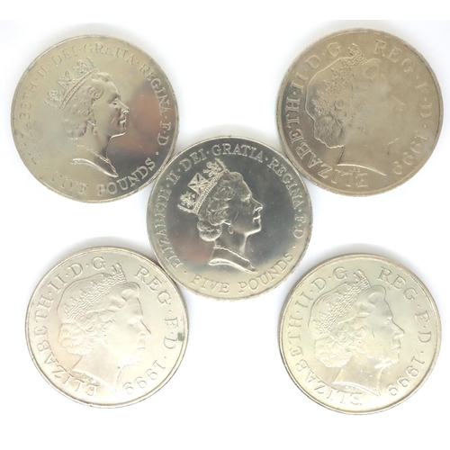 3123 - Five commemorative five pounds of Elizabeth II. P&P Group 1 (£14+VAT for the first lot and £1+VAT fo... 