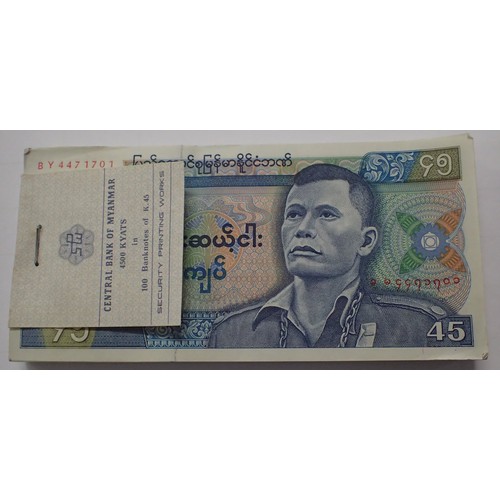 3122 - One hundred UNC 45 kyat notes, consecutive serial numbers, stapled. P&P Group 1 (£14+VAT for the fir... 