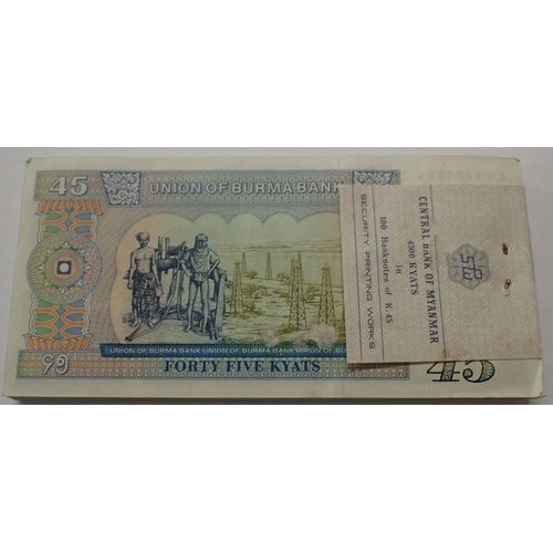 3122 - One hundred UNC 45 kyat notes, consecutive serial numbers, stapled. P&P Group 1 (£14+VAT for the fir... 