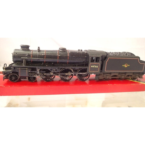2091 - Hornby Class 5, renumber 44766, Black, Late Crest, weathered, detailed, in good condition, box poor.... 