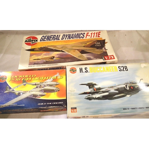 2139 - Three Airfix 1/72 scale aircraft kits; Buccaneer, F-111E and Lightning. All appear complete, uncheck... 