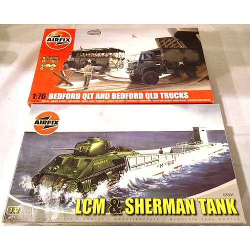 2148 - Two Airfix 1/72 scale military kits; LCM with Sherman tank, Bedford QLT and QLD trucks. Appears comp... 