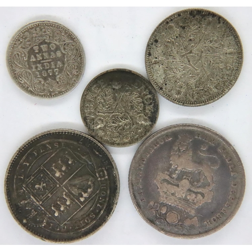 3069 - 1826 shilling of George IV, 1887 shilling of Queen Victoria, 1877 two Annas (India) and two coins of... 