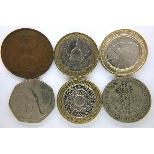 3086 - Three collectors two pound coins, an Olympic fifty pence, a 1948 two shilling and a 1940 penny. P&P ... 