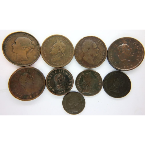 3087 - Four early milled copper pennies of Victoria, William, George III, George IV; a 1812 Salamanca Duke ... 