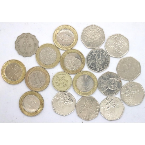 3114 - Seven collectors two pound coins, nine fifty pence coins, one pound coin and a Hong Kong two dollar.... 