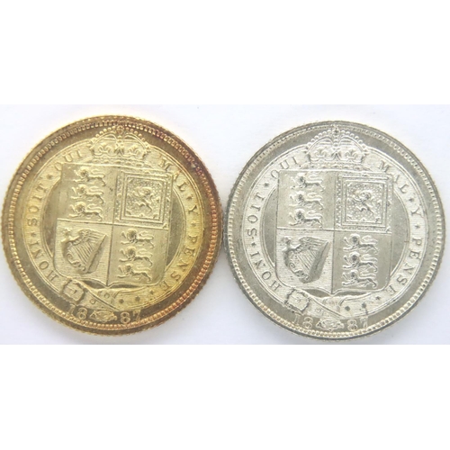 3117 - 1887 Set of two Golden Jubilee Sixpence of Queen Victoria, one silver and one gilt, encapsulated and... 