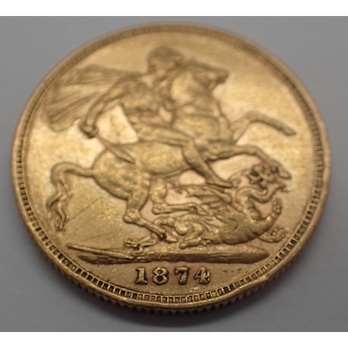 3139 - 1874 sovereign of Queen Victoria, bun head. Melbourne Mint? P&P Group 1 (£14+VAT for the first lot a... 