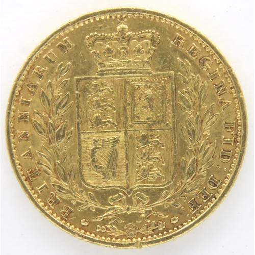 3132 - 1853 sovereign of Queen Victoria, shield back, bun head. W.W raised, 3 in date overstamp. P&P Group ... 