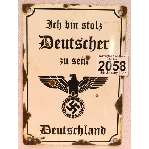 2058 - Third Reich enamel sign, 12 x 17 cm. P&P Group 2 (£18+VAT for the first lot and £3+VAT for subsequen... 