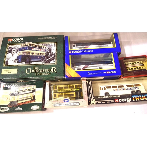 2183 - Six Corgi Classic buses and trams including Connoisseur Collection, Swindon Guy Arab Utility bus. Mo... 