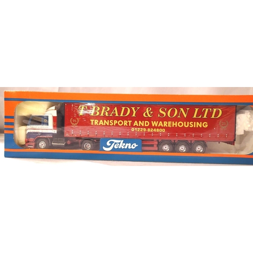 2186 - Tekno Big Truck 1:50 scale Scania and curtainside trailer, T Brady & Son. Excellent condition, box w... 