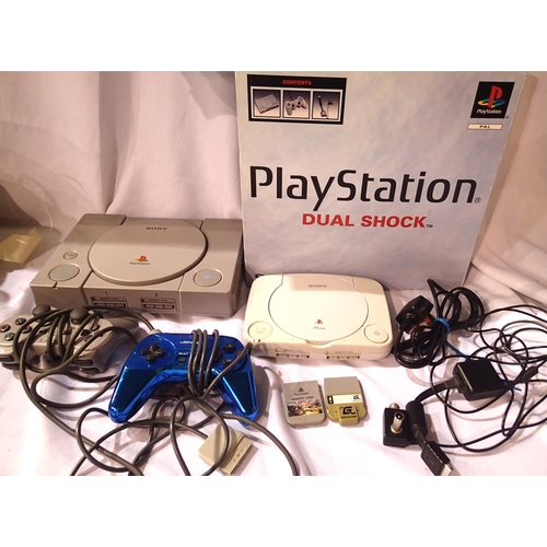 2219 - Sony PSone console in white, Sony Playstation with memory card, controller and leads and a blue joys... 