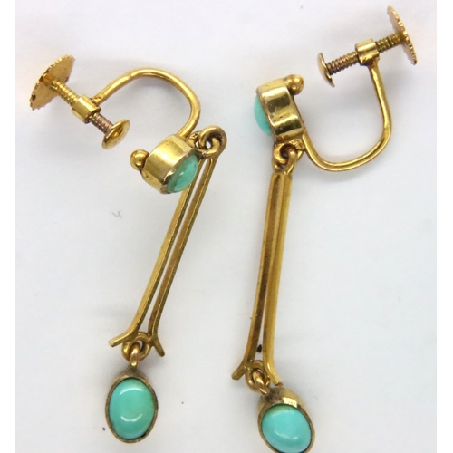 68 - Pair of 9ct gold turquoise set drop earrings, drop L: 25 mm, combined 1.6g. P&P Group 1 (£14+VAT for... 