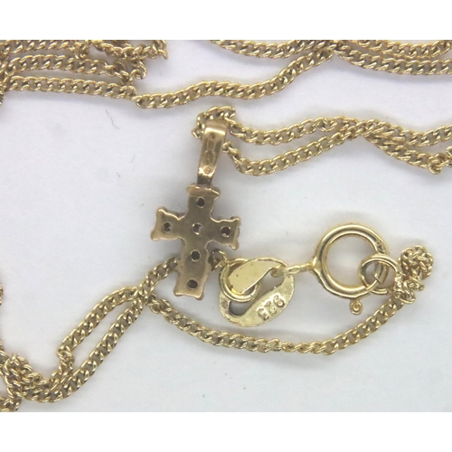 75 - Small 9ct gold and diamond cross pendant on a 925 silver neck chain, chain L: 46 cm, combined 1.6g. ... 