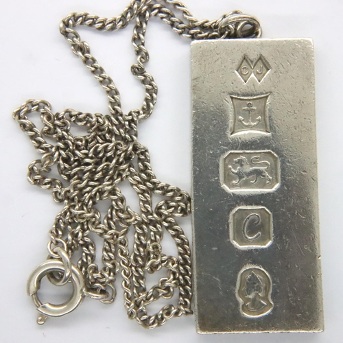 84 - Hallmarked silver ingot on a stainless steel neck chain, ingot L: 40 mm, combined 31g. P&P Group 1 (... 