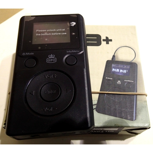 1059 - Pocket DAB+ radio with earphones, inbuilt rechargeable battery and auto adjusting clock, boxed. P&P ... 