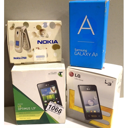 1066 - Four boxed phones to include Samsung A4, LG Optimus L3 etc. P&P Group 1 (£14+VAT for the first lot a... 