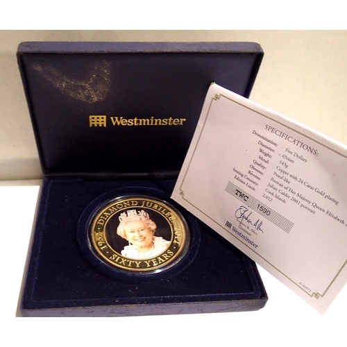 1067 - Westminster Diamond Jubilee limited edition five dollar coin, gold plated dated 2012, D: 65 mm. P&P ... 