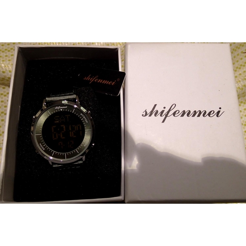 1074 - Shifen Mei; gents digital chronograph wristwatch with grey canvas strap, new in box. Working at lott... 