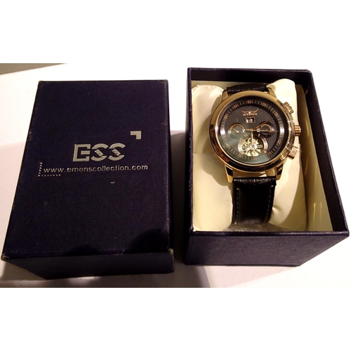 1081 - Jaragar; gents automatic wristwatch with black dial, gold body and black leather strap. As new, work... 