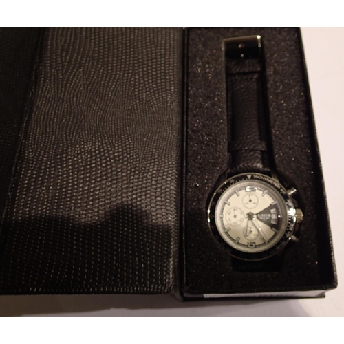 1089 - Lige; sports chronometer wristwatch with multidial, cream face, black bevel and leather strap. As ne... 