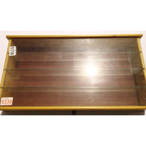 1116 - Wooden frame three glass shelf model vehicle display cabinet, 60 x 30 cm. Not available for in-house... 