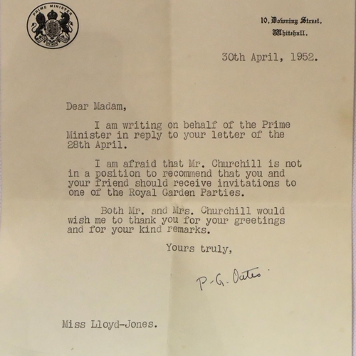 389 - 1952 letter from Prime Minister Winston Churchills office denying responsibility for Royal Garden pa... 