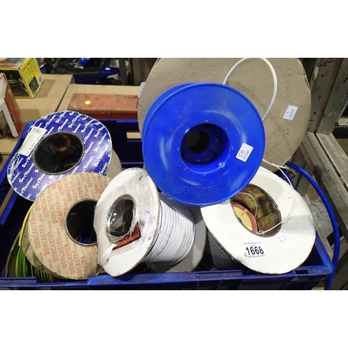 1668 - Thirteen reels of various gauge wire. Not available for in-house P&P, contact Paul O'Hea at Mailboxe... 