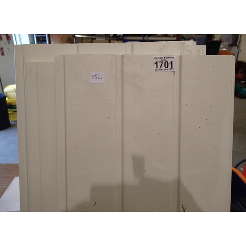 1701 - Nine sheets of white plastic cladding, each approximately 30 x 160 cm. Not available for in-house P&... 