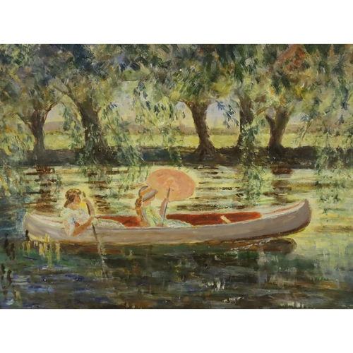 3039 - Late 19th century French school oil on board, ladies in a punt, unsigned, 21 x 17 cm. Not available ... 
