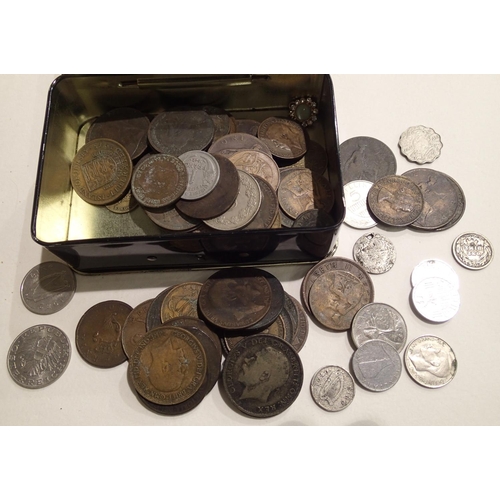 1065A - Tin of mixed UK and world coins including silver. P&P Group 2 (£18+VAT for the first lot and £3+VAT ... 