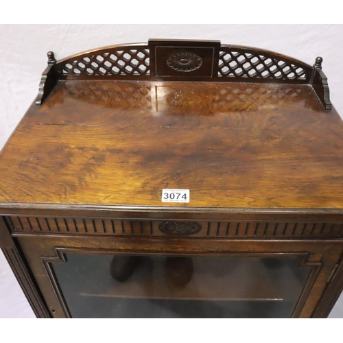 3074 - Victorian rosewood glazed vitrine cabinet, single door above a drop down cupboard with fretwork upst... 