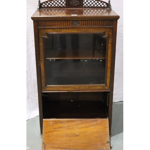 3074 - Victorian rosewood glazed vitrine cabinet, single door above a drop down cupboard with fretwork upst... 