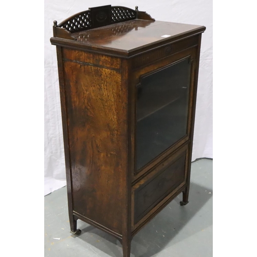 3074 - Victorian rosewood glazed vitrine cabinet, single door above a drop down cupboard with fretwork upst... 