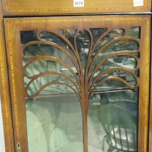 3076 - Edwardian inlaid walnut single door glazed display cabinet with two fixed shelves and velvet lined i... 