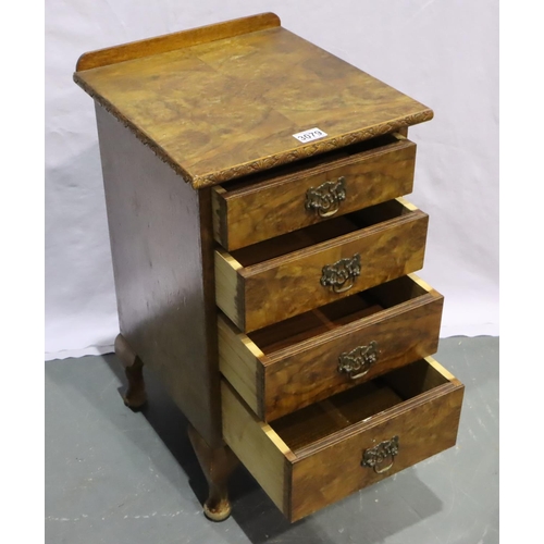 3079 - Early 20th century burr walnut chest of four drawers of small proportions and raised on cabriole sup... 